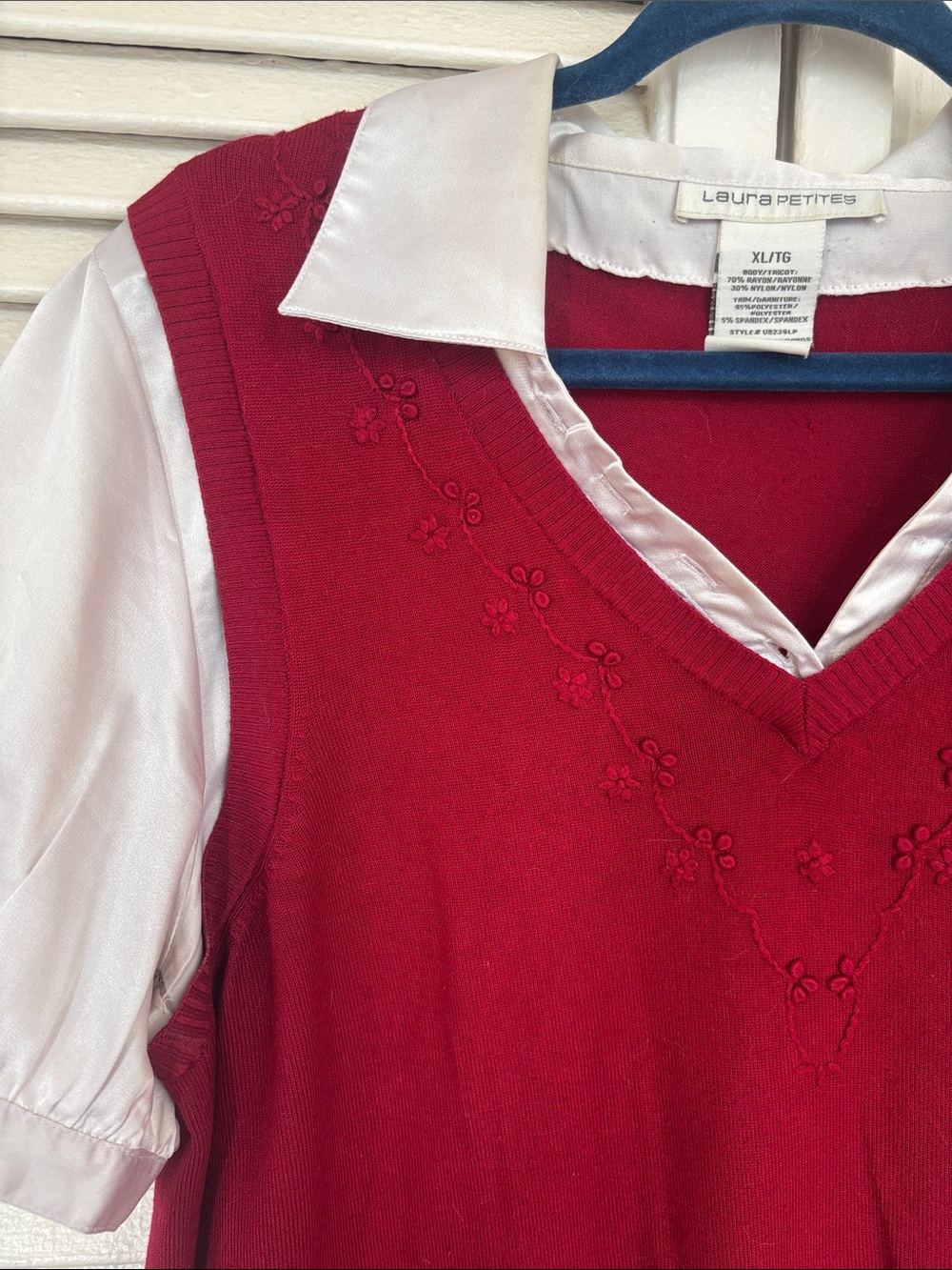 Women's Red V-Neck Sweater Vest with White Collar